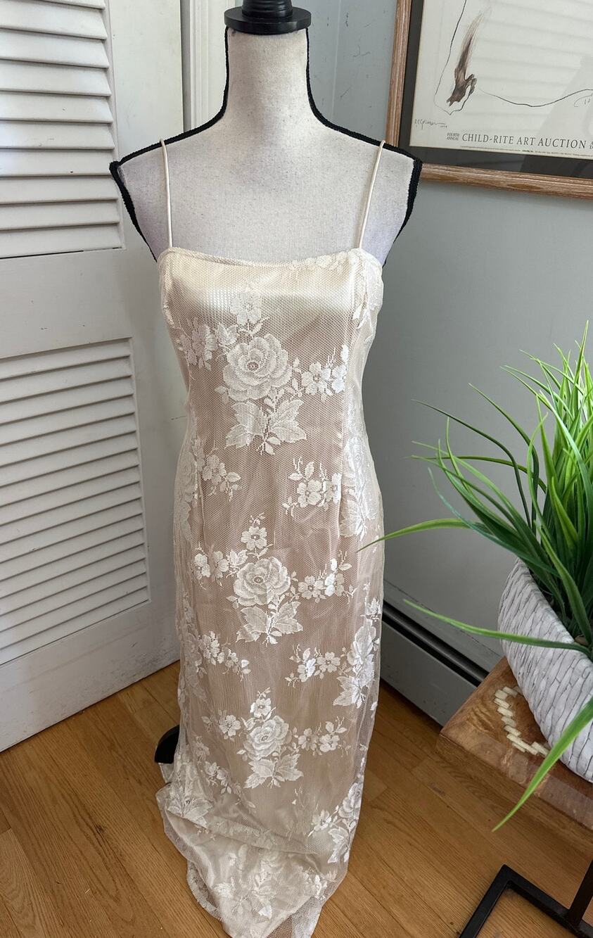 Vintage R&M Richards Dress 10 Cream Lace Strappy Gown 90s Minimalist Glam HoCo